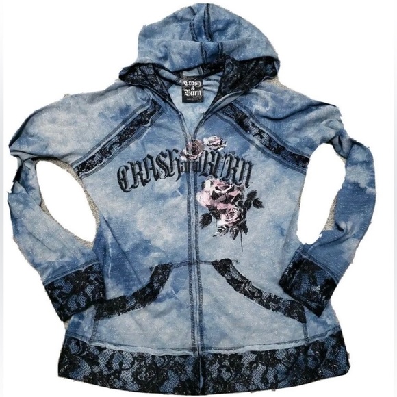 Crash & Burn Tops - Rare Crash&Burn Rose Blue Glitter Black Lace Hooded Sweatshirt with Zipper.